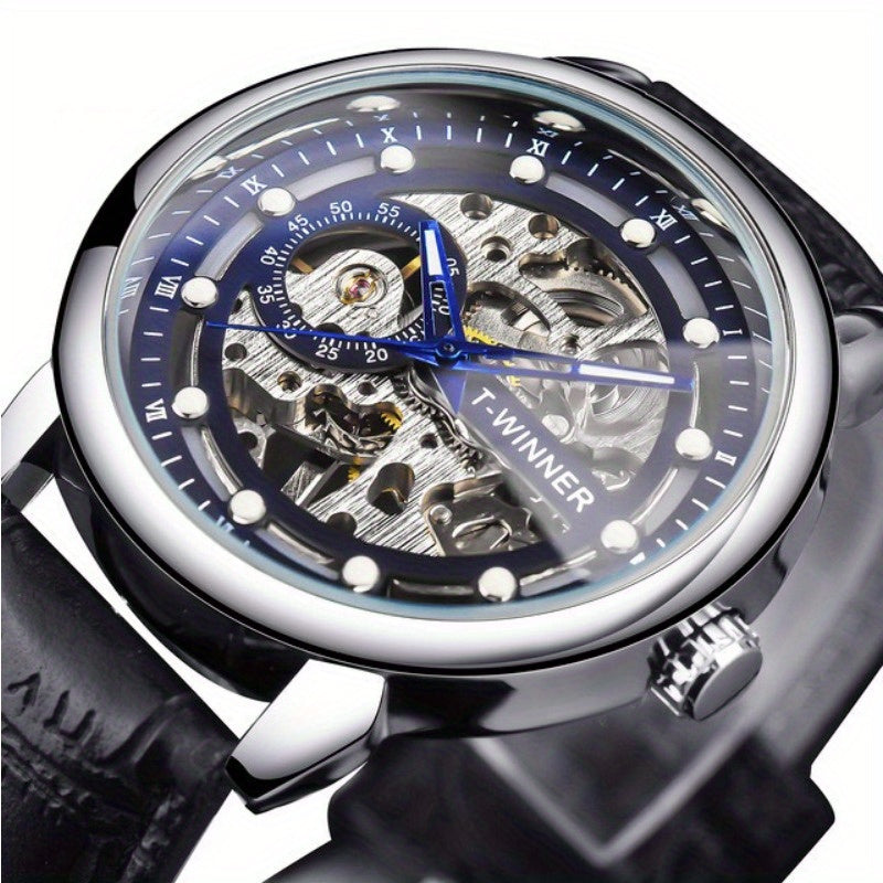 Men'S Luxury Mechanical Skeleton Watch with Golden-Tone Alloy Case & Faux Leather Strap - Mechanical Hand-Wind, World Time, Date Display, Elegant Fashion Accessory for Casual Attire, Mechanical Watch, Sophisticated Design, In
