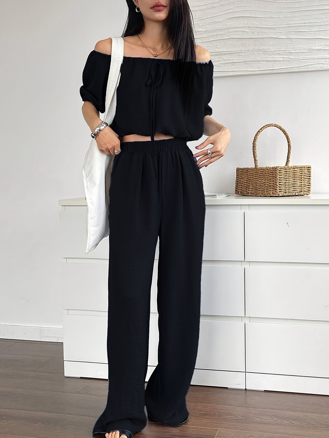 Women's Summer Solid Color Off-Shoulder Puff Sleeve Crop Top and Loose Wide-Leg Pants Two-Piece Set