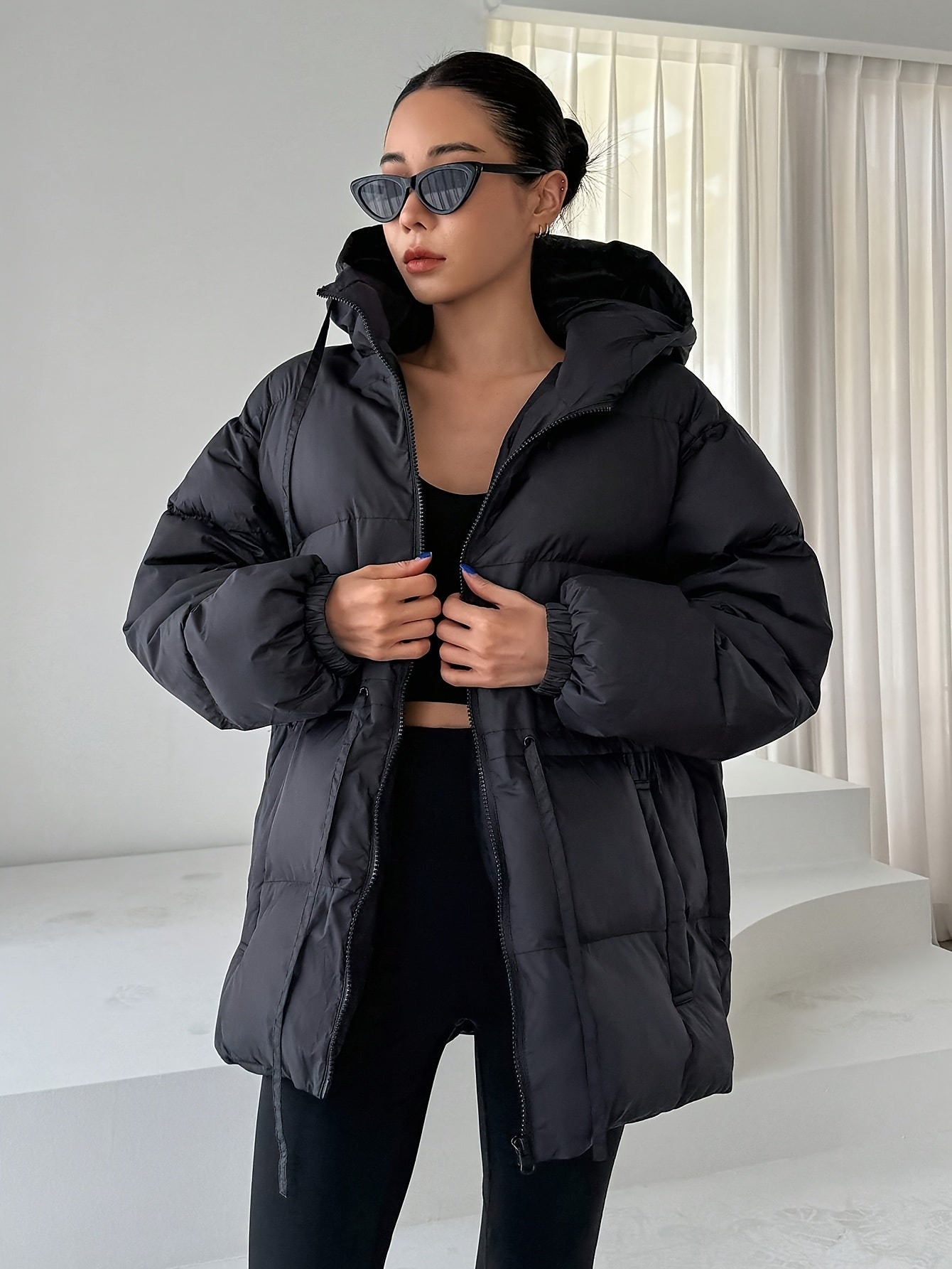 Women's Elegant Winter Jacket with Hood - Full-Zip Front Closure, Loose-Fit Long Sleeve Coat, Black Outerwear for Cold Weather, Hand Washable & Structured Design (No Belt) - Casual to Professional Outer Layer