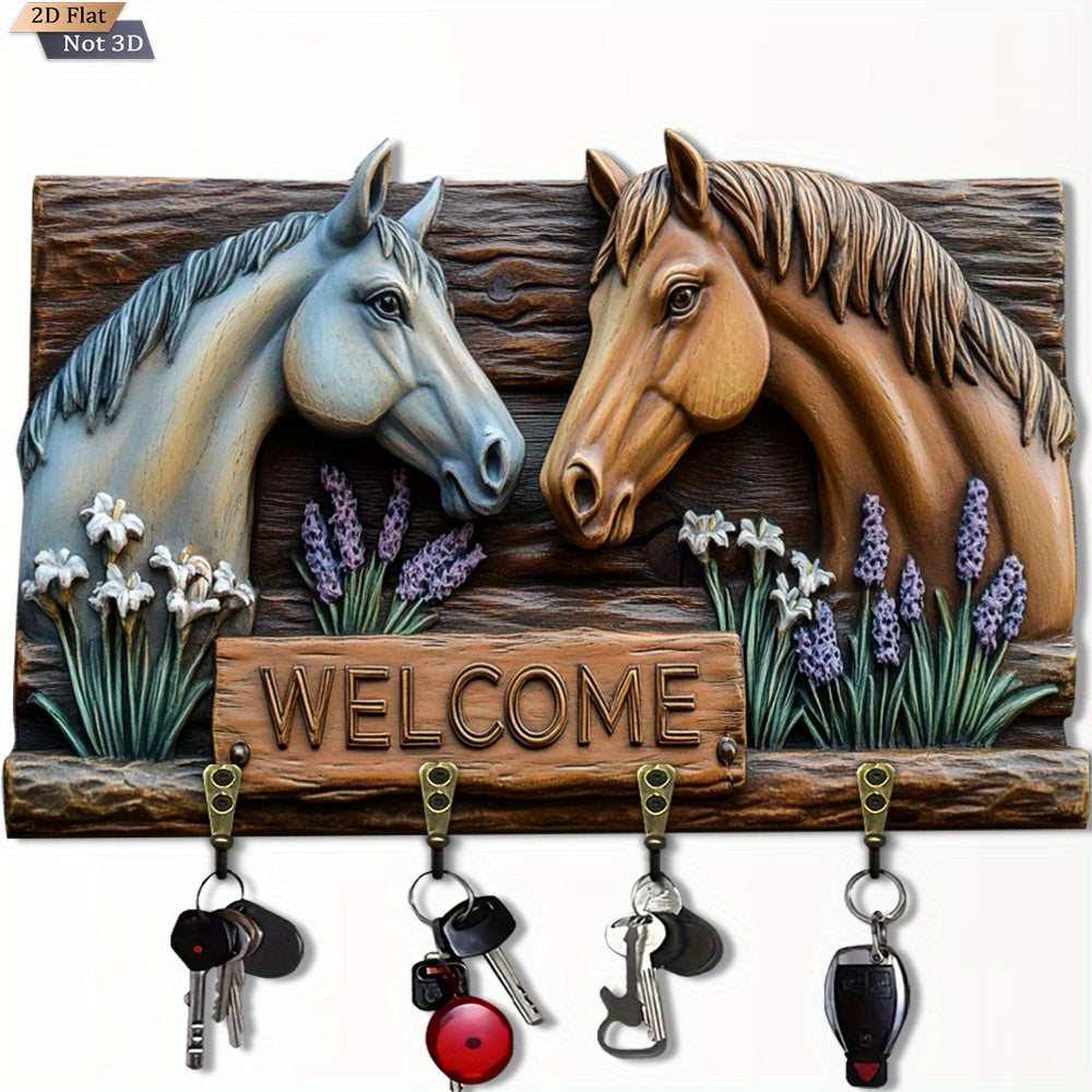 2D Flat, 1pc Double Horse Welcome Wooden Multi-Functional Key Hook with Four Metal Hooks, Wall Decor, Porch Decoration, Room Decor, Villa Decor, All-Season Home Accent – 29.97cm x 213