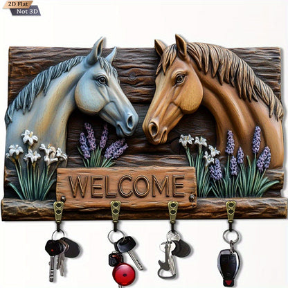 2D Flat, 1pc Double Horse Welcome Wooden Multi-Functional Key Hook with Four Metal Hooks, Wall Decor, Porch Decoration, Room Decor, Villa Decor, All-Season Home Accent – 29.97cm x 213