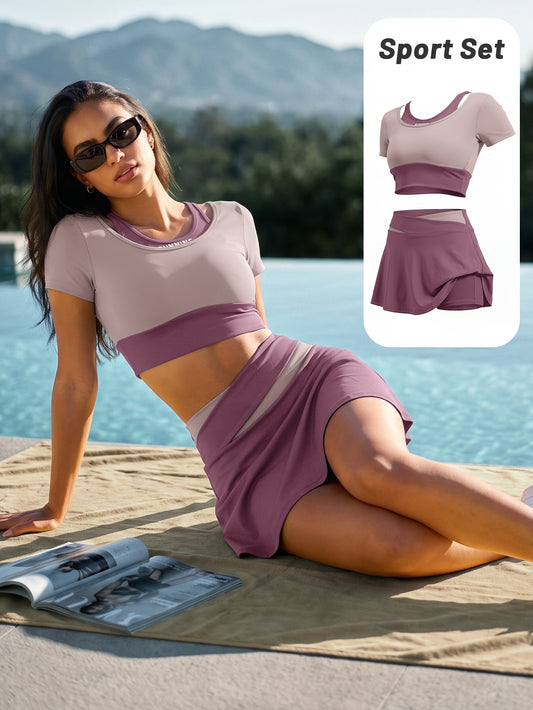Women's Summer Colorblock Sports Set with Built-in Bra & Skirt