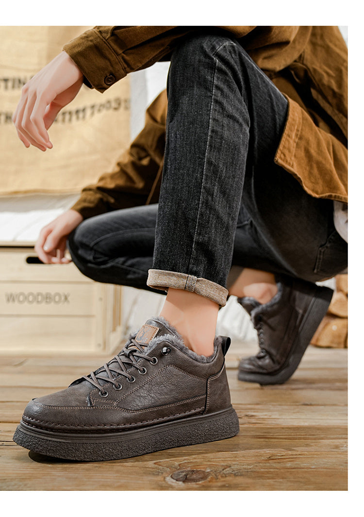 Men's Winter Warm PU -Like Hiking Sneakers with Plush -Like, EVA Cushioned Sole & Rubber Traction Tread - Low-Top Lace-Up Outdoor Shoes for Ice, Snow, Casual Wear (Black/Brown) - Cold Weather