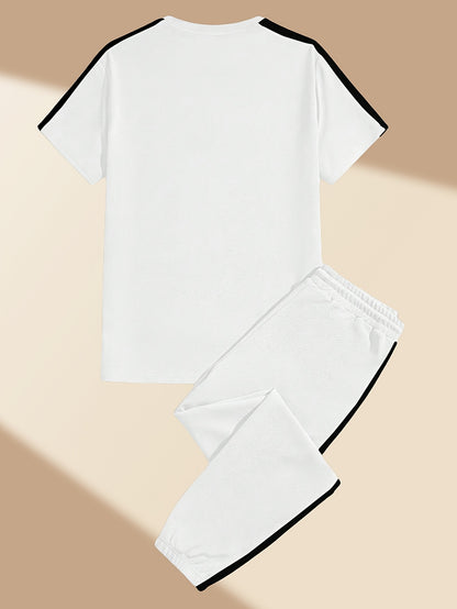 Men's Summer Casual Sportswear Set: Round Neck T-Shirt and Drawstring Pants, Fashionable Spliced Jacquard Breathable Quick-Dry Top and Bottom Outfit