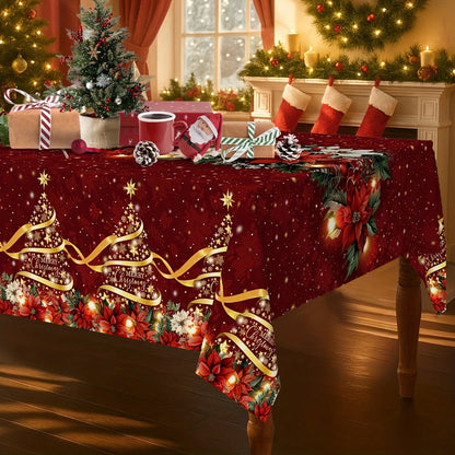 1pc Burgundy & Golden Christmas Tablecloth with Poinsettia, Holly, Pine Garland & Snowflake Patterns - Red/Green/Golden Rectangular Table Cover for Holiday Parties, Xmas Dinner, Thanksgiving, New Year's Decorations (Easy-Clea
