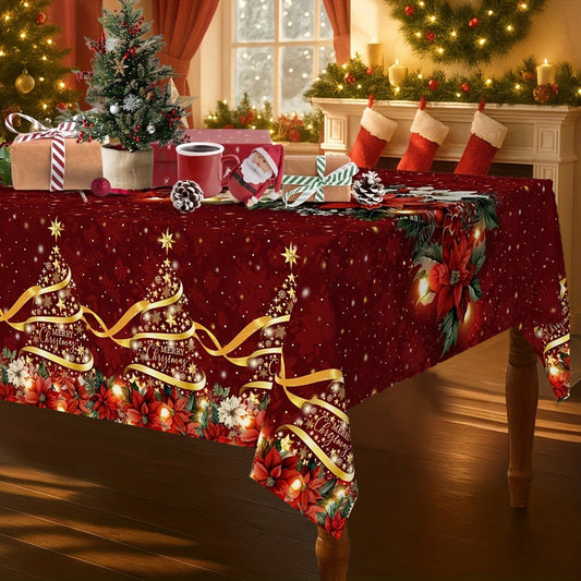 1pc Burgundy & Golden Christmas Tablecloth with Poinsettia, Holly, Pine Garland & Snowflake Patterns - Red/Green/Golden Rectangular Table Cover for Holiday Parties, Xmas Dinner, Thanksgiving, New Year's Decorations (Easy-Clea