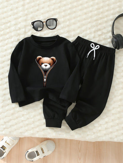 Boys' Casual Zipper Teddy Bear Print Cotton Spring Pants Set