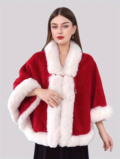 Festive Shawl Wrap with Faux Fur Trim and Pearl Accents - 100% Polyester Christmas Poncho Cape for Party and Wedding, Warm Decorative Inelastic Shawl for Winter, Hand Washable