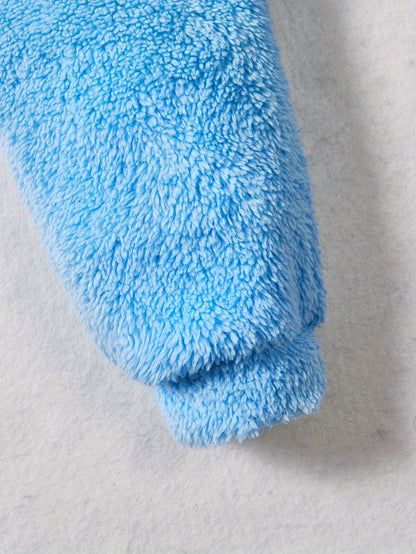 Boys' Autumn and Winter Fashionable Casual Simple Cute Warm Solid Color Plush Bear Embroidered Hoodie Long Pants Two-Piece Set, Perfect for Outdoor