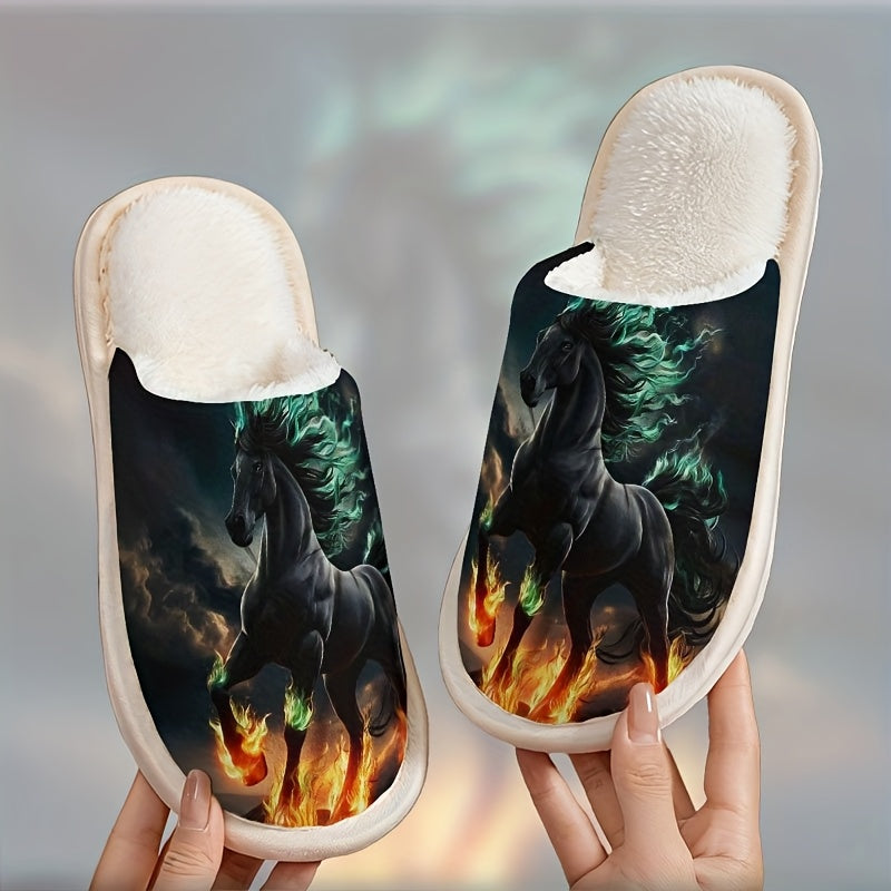 Men'S & Women'S Plush Slip-On Slippers - Winter Warmth with Horse & Flame Design, Soft Plush Lining & EVA Sole, Indoor House Shoes for Home, Office