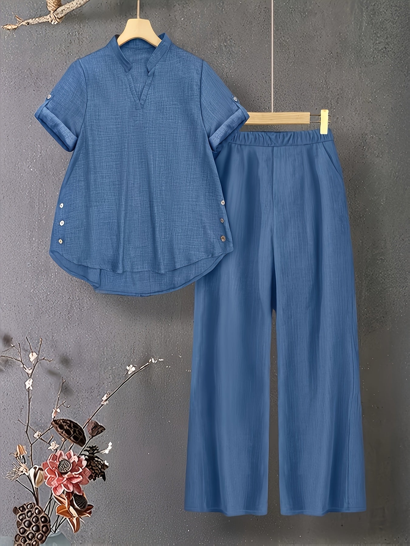 Women's Casual V-Neck Top & Elastic Waist Pants Set