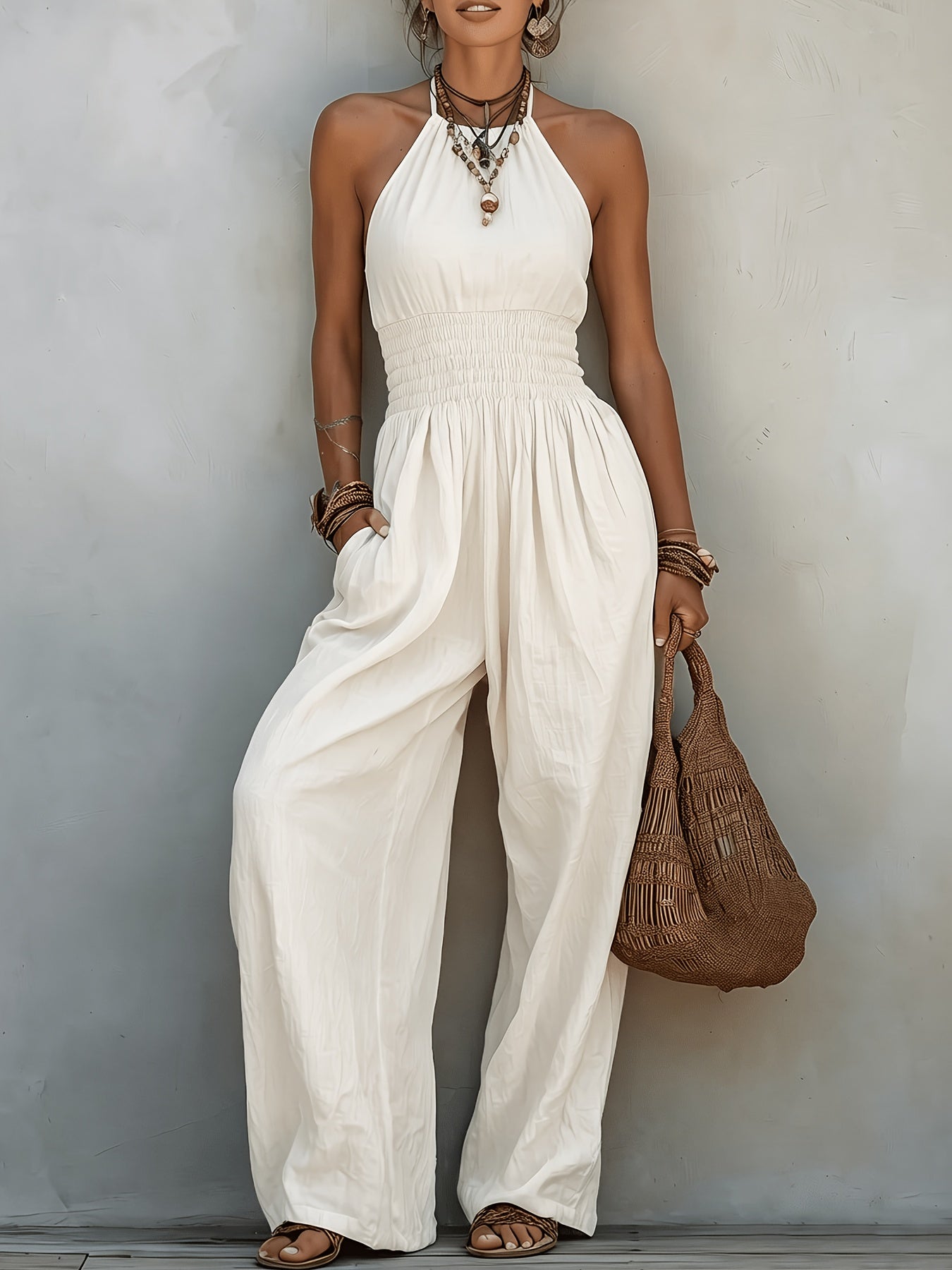 Women's Bohemian Sleeveless Jumpsuit with Wide-Leg Pants and Pockets