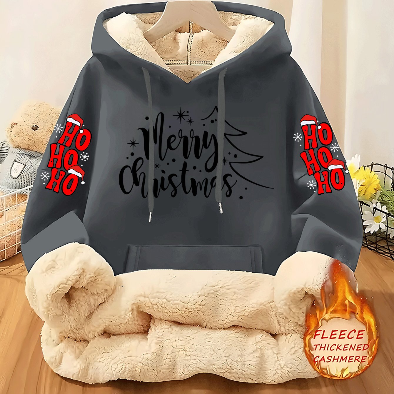 Women's Fleece-Lined Hooded Christmas Sweatshirt with Ho Ho Ho & Merry Christmas Print, Plush Fleece Jacket, Warm Winter Coat, Thick Polyester Outer Layer, Machine Washable Holiday Sweater for Xmas Parties & Winter Outfits, W