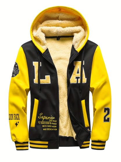 Men'S Cozy Fleece-Lined Hooded Jacket with "LA" Lettering - & Yellow Color Block, Zip-Up Casual Outerwear, Long Sleeves, Pockets, Perfect for Fall & Winter, Casual Winter Wear | Hooded Jacket | Zippered Jacket