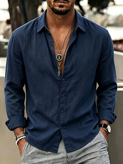 Men's Linen Blend Long Sleeve Casual Shirt for Spring Summer