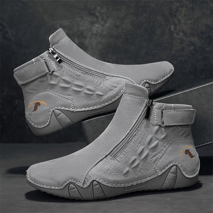 Men'S High-top Casual Shoes With Anti-slip, Comfortable, Outdoor, Fashionable, Plus Size, Business, Hand-stitched, Zipper, Cro, Lace-up.