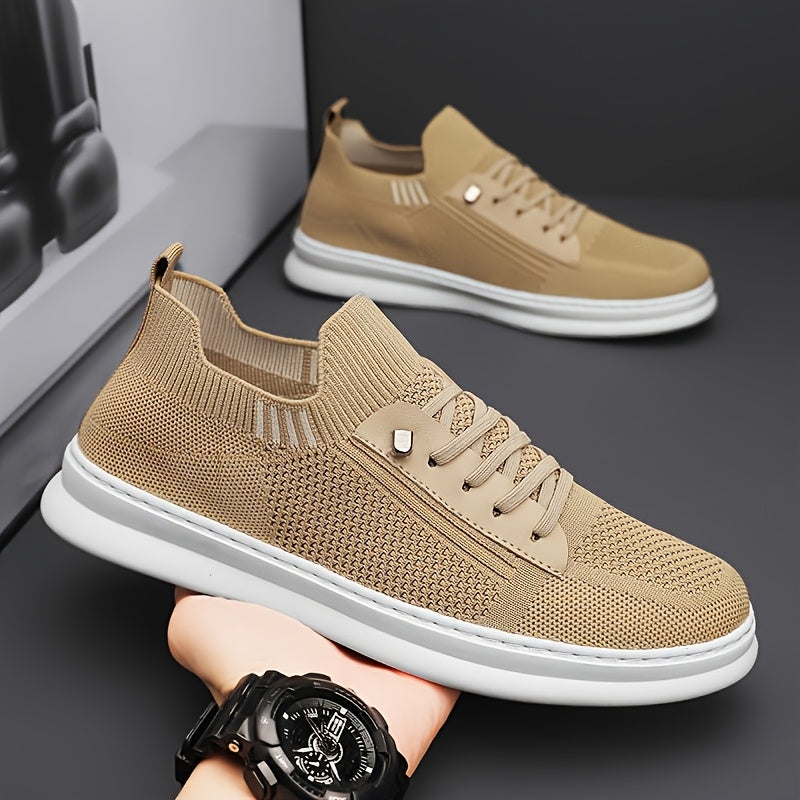 Men'S Breathable Knit Mesh Running Shoes - Anti-Odor Casual Sneakers with Soft EVA Sole, Round Toe Design  Low-Top Lace-Up for Jogging, Hiking, Outdoor  Daily Wear - Khaki/Black/Gray, Jogging Shoes