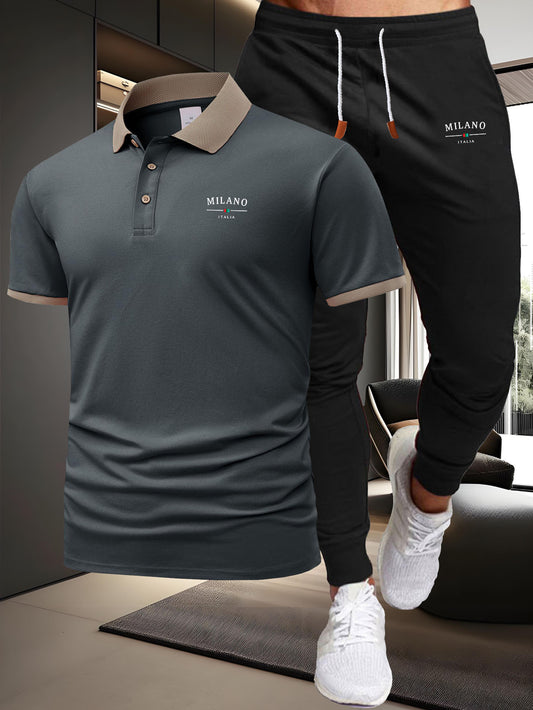 A Two-Piece Casual Sports Outfit Featuring a Short-Sleeved T-Shirt with a Logo And Waist-Cinching Pants, Ideal for Spring And Summer Wear. - ayq