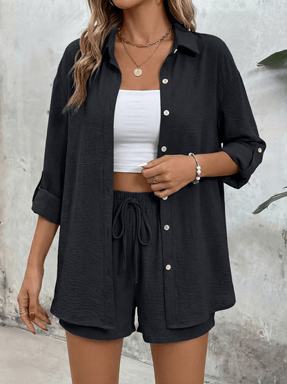 Women's Casual Long-Sleeve Shirt & High-Waist Shorts Set for Spring/Su