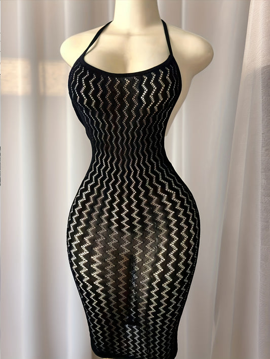 Women's Sexy Halter Top Wrap Dress with Contrast Mesh - ayq