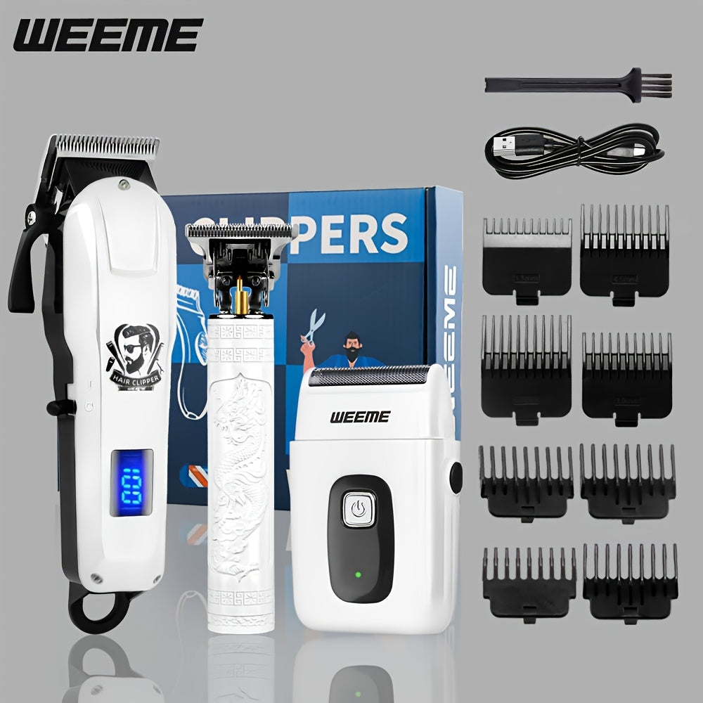 WEEME 3pcs/1Set Men'S Hair Clipper, USB Rechargeable Electric Hair Clipper & Shaver Set with Digital Display, Cordless Hair Trimmer for Home & Salon Use, Perfect Grooming Gift for Men with Smooth Blade, USB Charging, Lithium - ayq