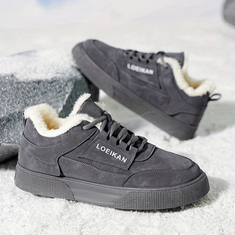 LOEIKAN Men'S Thickened Winter Sneakers - Heavy-Duty Cold Weather Shoes with faux fur Lining, Non-Slip PVC Sole - All-Season Low-Top Lace-Up Shoes for Hiking, Gym, Casual - Black/gray/white - Ideal For Men'S Outdoor & Daily W