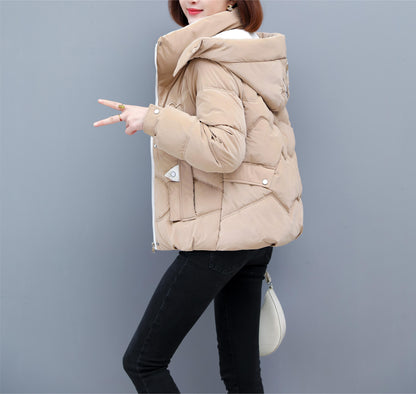 Women's Winter Hooded Jacket - Stylish Beige & White Zip-Up Coat with Heart Design, Warm Polyester Outerwear for Casual or Chic Looks, Winter Jacket
