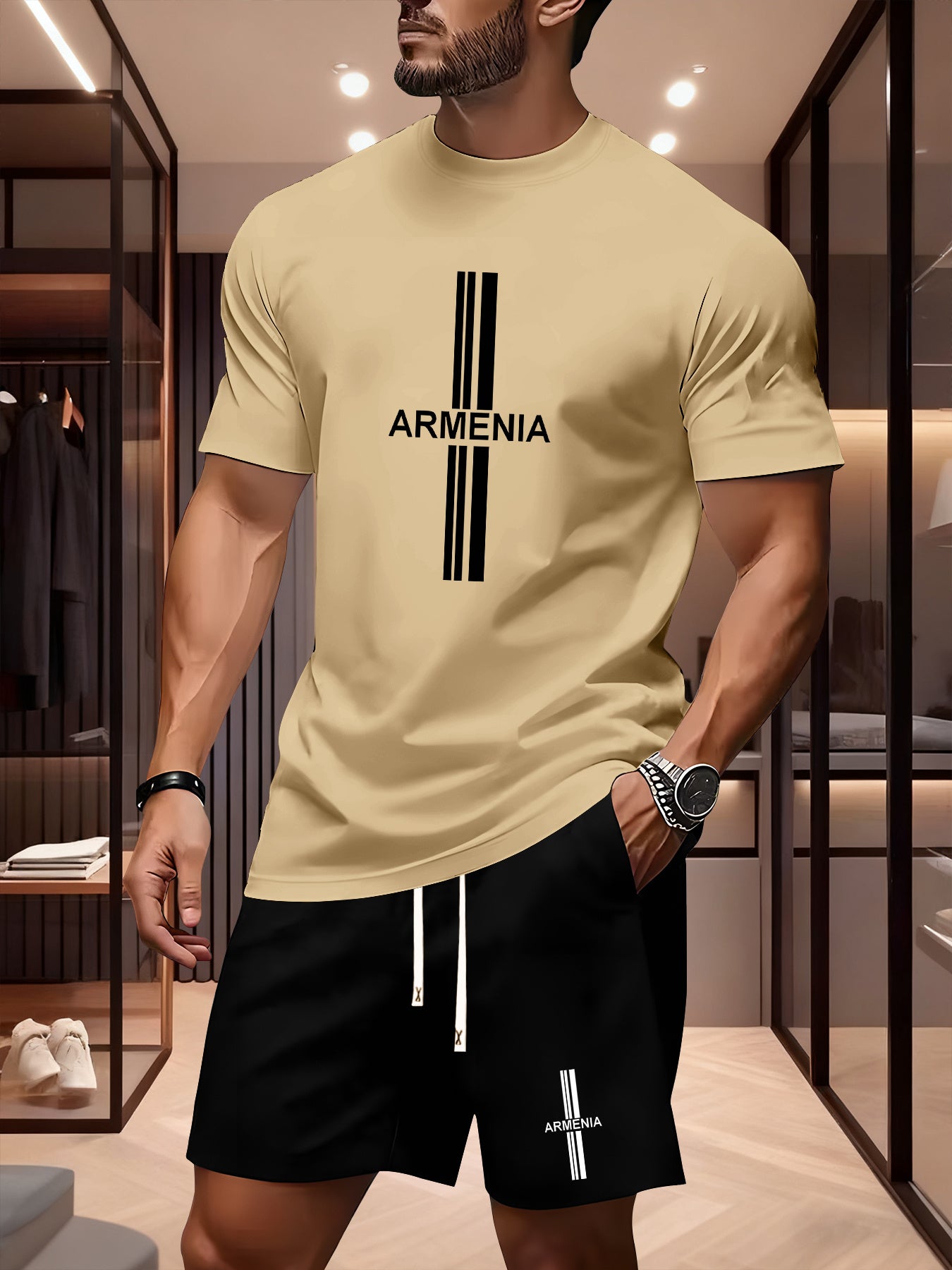 Men's Summer Casual Sport Set with White Striped Design