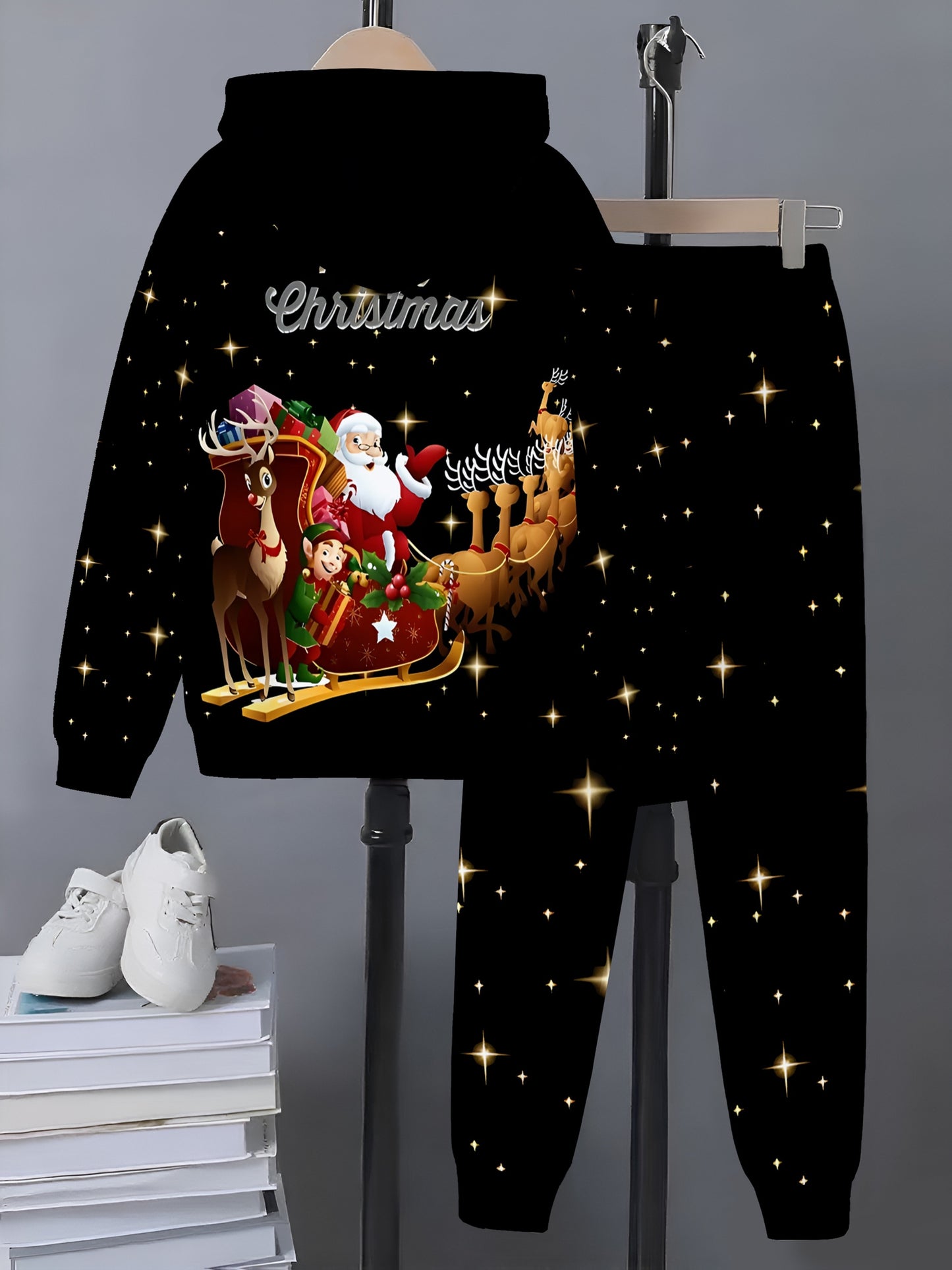 Christmas Fashion 3D Print, Boys' Fashion 3D Print Casual Hooded Zip-Up Cardigan Set, Suitable for Outdoor Activities, Boys' Top and Pants Outfit, Hooded Sweatshirt and Pants Set, Long Sleeve Hoodie and Pants Set, Christma Ou