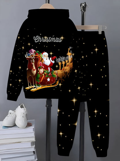 Christmas Fashion 3D Print, Boys' Fashion 3D Print Casual Hooded Zip-Up Cardigan Set, Suitable for Outdoor Activities, Boys' Top and Pants Outfit, Hooded Sweatshirt and Pants Set, Long Sleeve Hoodie and Pants Set, Christma Ou