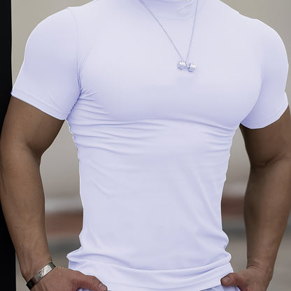 Men'S White Short Sleeve T-Shirt - Stretchy, Moisture-Wicking, Round Neck, Casual Fitness Wear for Summer, Sporty Style, Sportswear Tee   Sporty Neckline   Stretchy Fabric