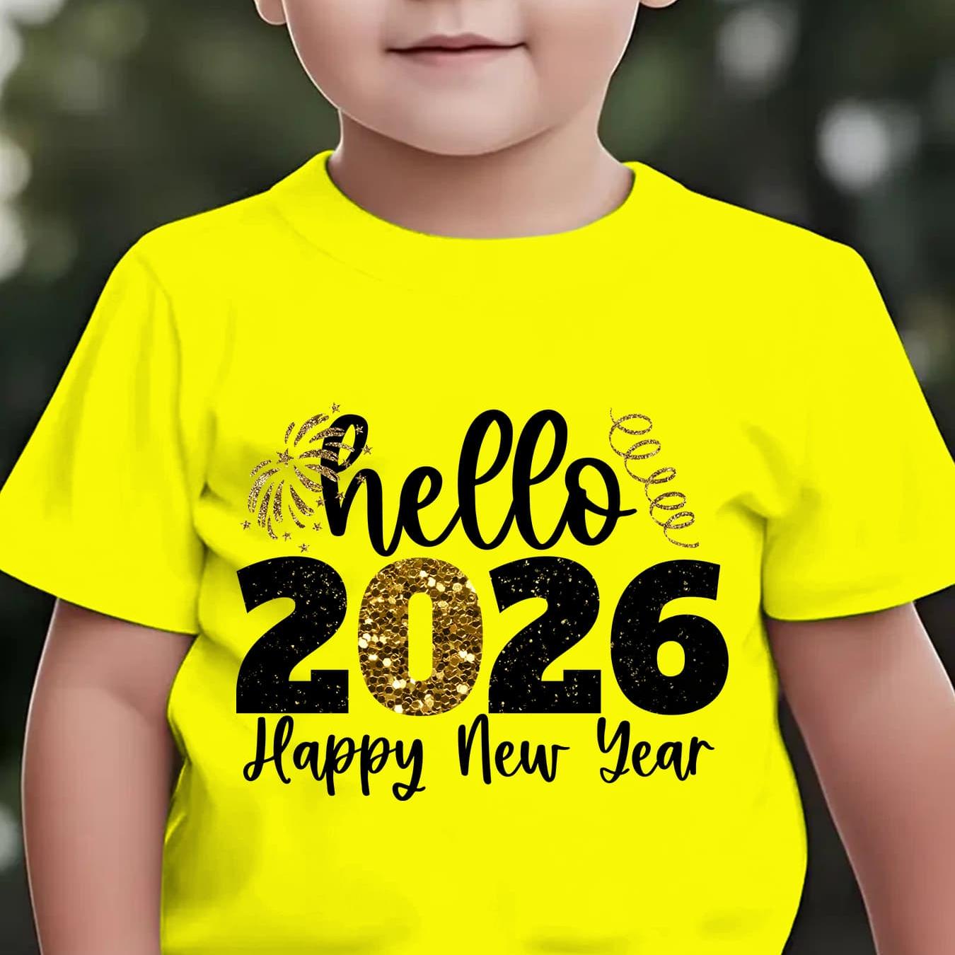 Boys' 2026 New Year'S Eve Party T-Shirt - Hello 2026 Happy New Year Fireworks Print with Golden & Lettering - Lightweight Summer Tee for Birthday Party Outfit, New Year'S Eve Celebration - Easy-care Kids Shirt, New Year T Shi
