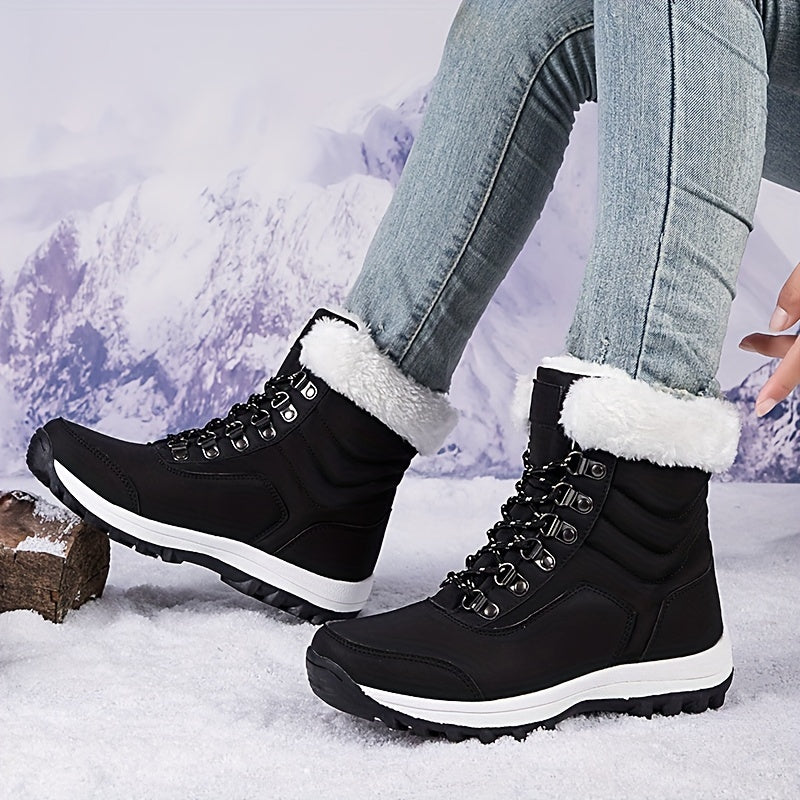 Women's Winter Boots with Fau - High-Top Snow Boots with Buckle Strap & Spiked Traction, Round Toe Synthetic /Nylon-like, Plush & Rubber Sole for Ice Walking, Snowshoe Boots (Black), Winter Boots For Women, Snow Boots Women,