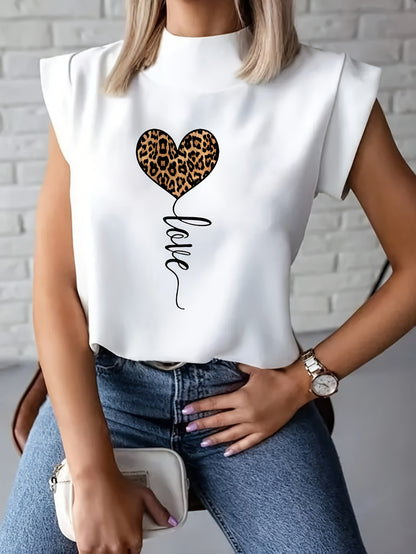 Women's Fashionable White T-Shirt with Leopard Print Heart and "LOVE" Cursive - Short Sleeve, Polyester Blend, Machine Washable