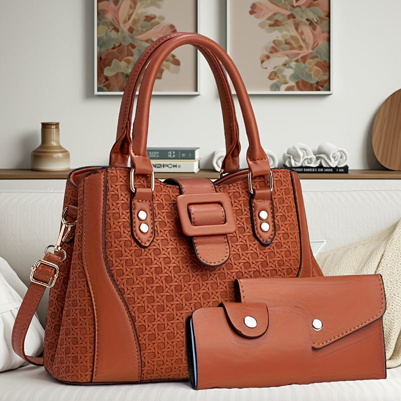 Plaid PU Leather Three-Piece Handbag Set for Women - Stylish & Spaciou