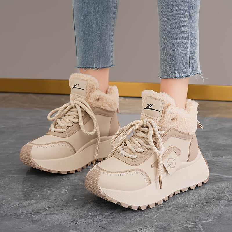 Women'S Winter Snow Boots with Thick Cushioned PVC Sole for Height Increase - Slip-Resistant Traction, Synthetic Faux Leather Upper & Plush Lining, Beige/Black Colorway - All-Terrain Traction for Ice, Snow, and Casual Wear -