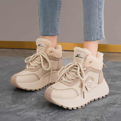 Women'S Winter Snow Boots with Thick Cushioned PVC Sole for Height Increase - Slip-Resistant Traction, Synthetic Faux Leather Upper & Plush Lining, Beige/Black Colorway - All-Terrain Traction for Ice, Snow, and Casual Wear -