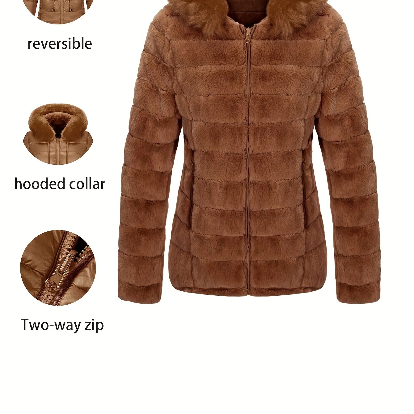 Women'S Heavyweight Winter Coat - Dual-Sided Reversible Jacket with Full-Zip Front, Hooded Collar, Two-Way Zipper Closure - Warm Outerwear for Cold Weather, Office, Travel - Elegant Brown Coat (Size & Wash Label in Pocket), L