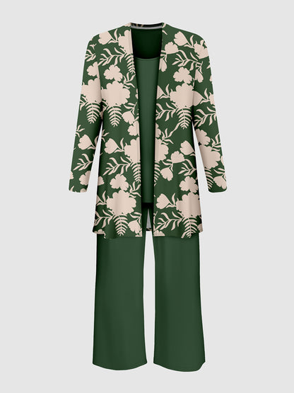 Plus Size, A three-piece set of Women's plus-size elegant floral print top and solid-color vest pants