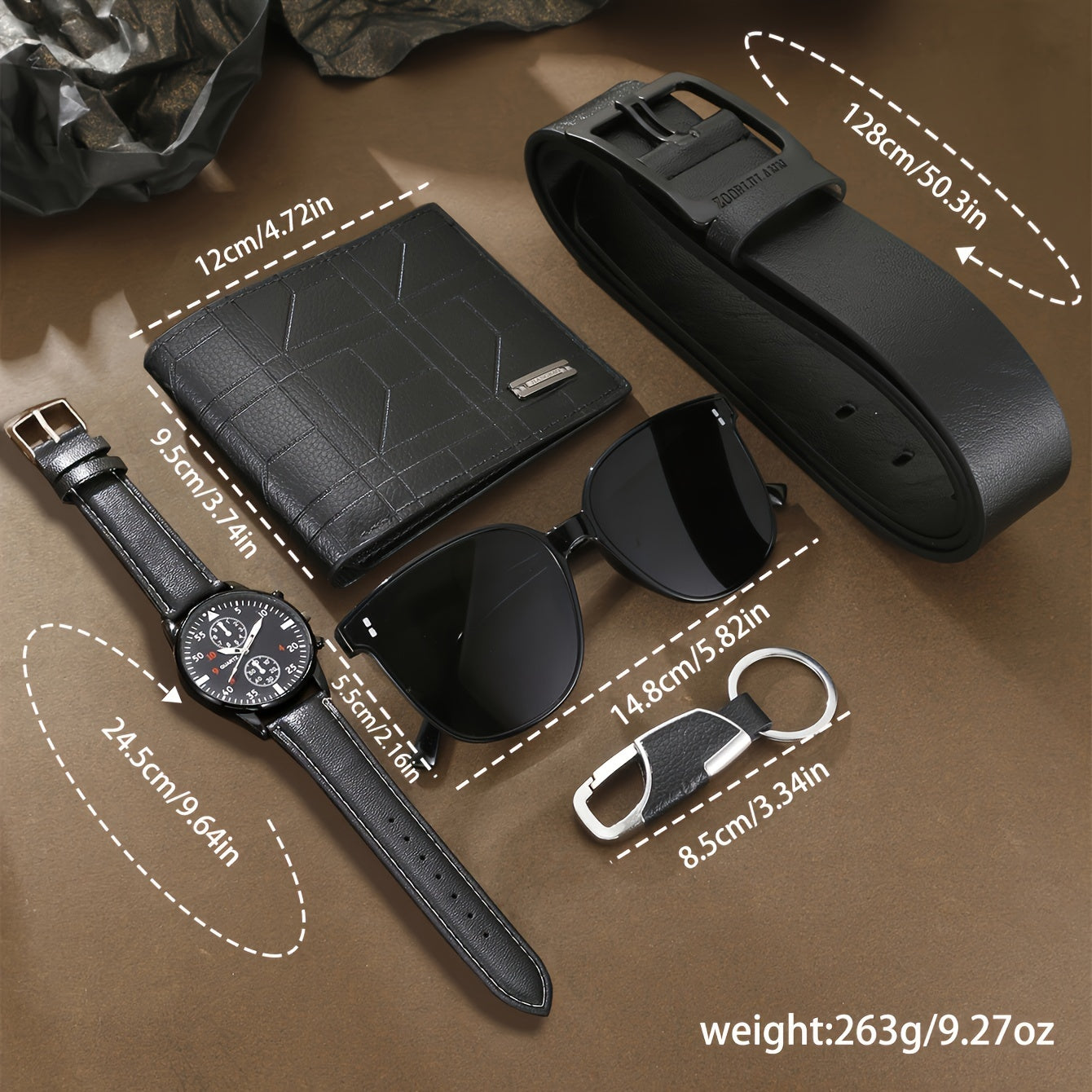 5pcs Men'S Quartz Watch Set, Includes a Gift Box, Watch, Belt, Wallet, Keychain, And Glasses, Perfect for a Gift.