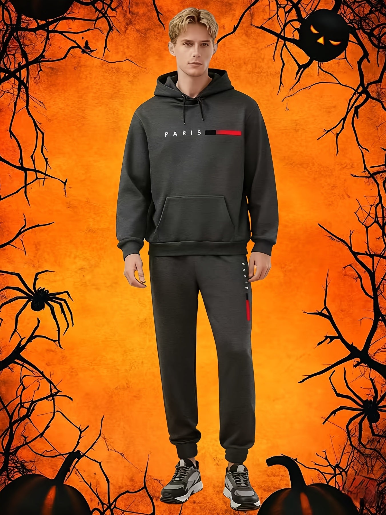 Halloween Men'S Hoodie with PARIS Lettering And Drawstring Sweatpants Set, a Must-Have Outfit for Autumn And Winter, Perfect for Everyday Outdoor Wear