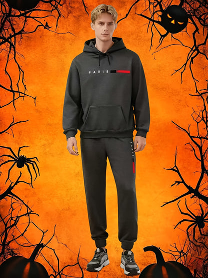 Halloween Men'S Hoodie with PARIS Lettering And Drawstring Sweatpants Set, a Must-Have Outfit for Autumn And Winter, Perfect for Everyday Outdoor Wear