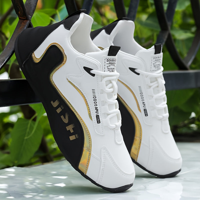 Letter Print. Casual Fashion. Low Top. Lace-Up. Solid Color. Comfortable. Good Grip. Unisex. Multifunctional. Skate Shoes. Men'S Casual Sports Sneakers Breathable, Non-Slip Running Shoes, Soft Sole, Golden And Black Design. G - ayq