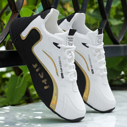 Letter Print. Casual Fashion. Low Top. Lace-Up. Solid Color. Comfortable. Good Grip. Unisex. Multifunctional. Skate Shoes. Men'S Casual Sports Sneakers Breathable, Non-Slip Running Shoes, Soft Sole, Golden And Black Design. G - ayq