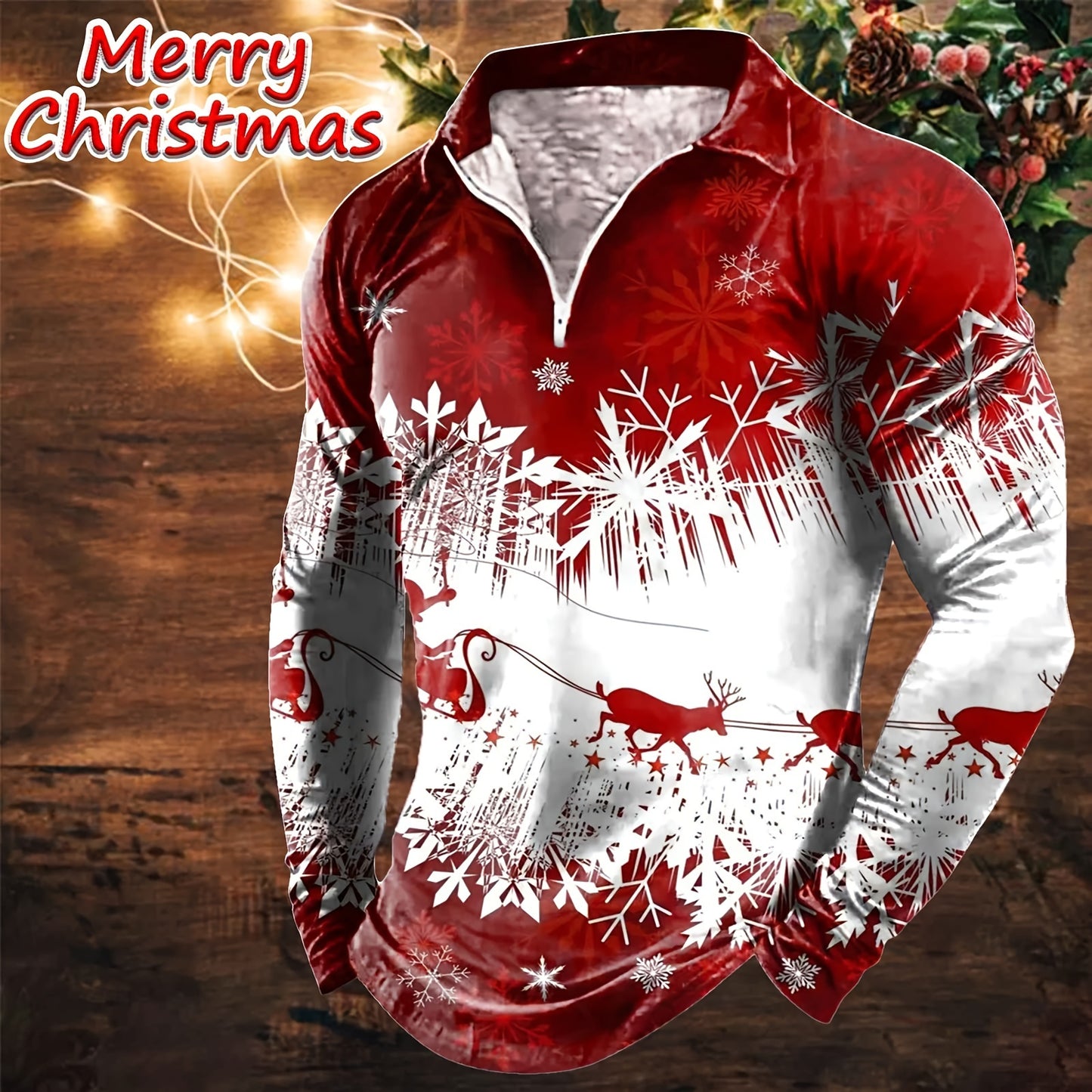 Men's Long Sleeve Christmas Themed Shirt with Zipper, 100% Polyester Knit Fabric, Regular Fit Party Style Collar Top for Spring/Fall