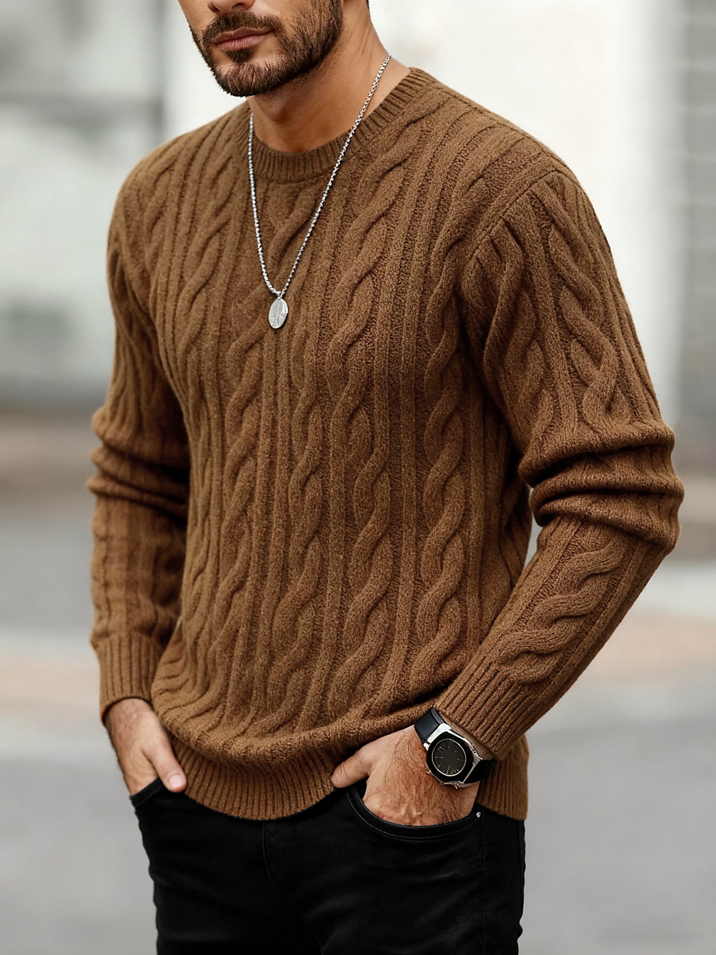 New Autumn-Winter Men's Casual Commuter Solid Color Crew Neck Knit Pullover