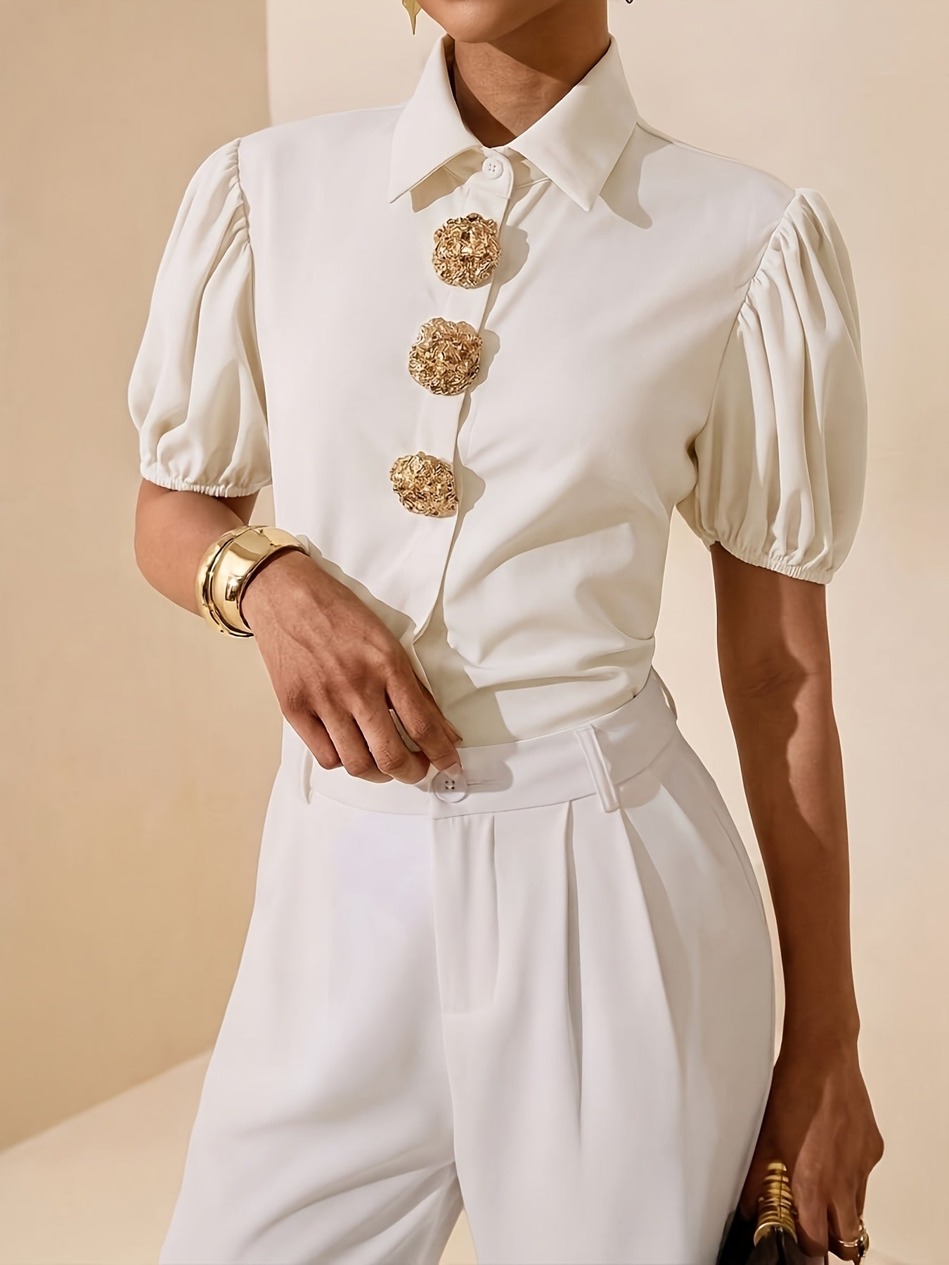 Women's Elegant Solid Color Puff Sleeve Shirt with Metal Buttons