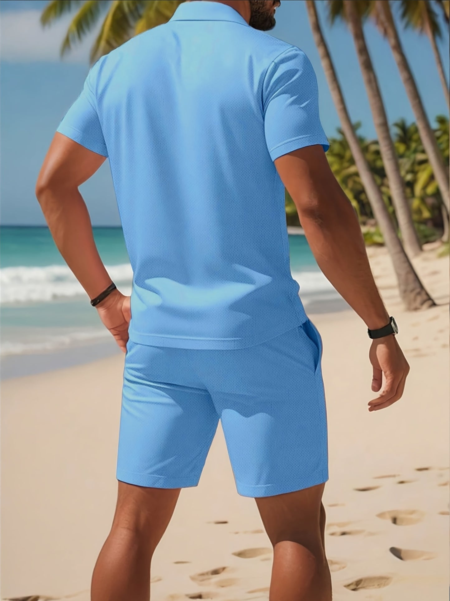 Men’s Summer Casual Golf Shirt and Solid Waist Shorts Set
