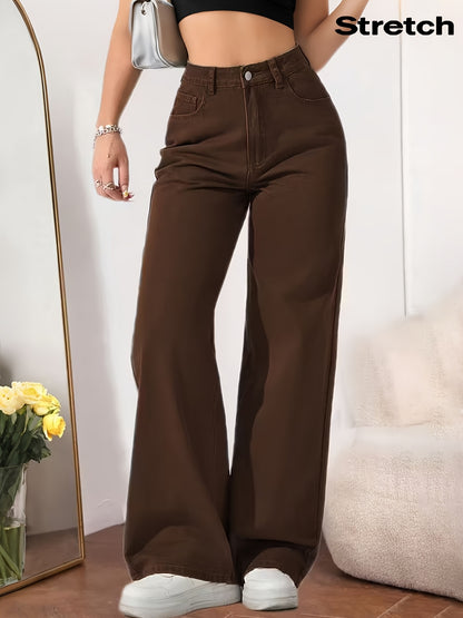 Women’s Stretch Wide-Leg Coffee Denim Jeans with Pockets