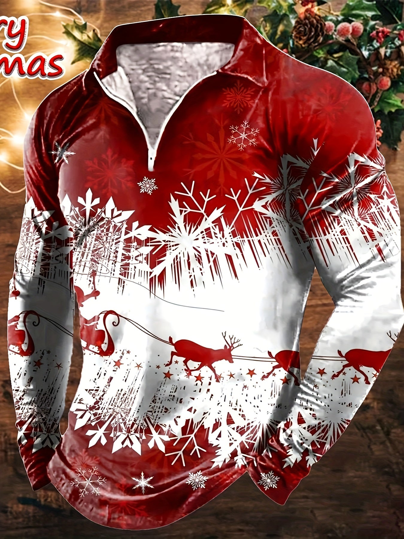 Men's Long Sleeve Christmas Themed Shirt with Zipper, 100% Polyester Knit Fabric, Regular Fit Party Style Collar Top for Spring/Fall